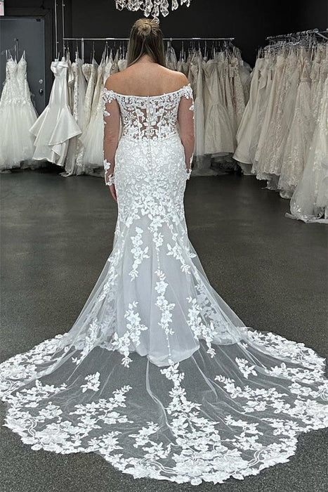 Off-the-Shoulder Tulle Lace Appliques Mermaid Wedding Dress with Long Sleeves