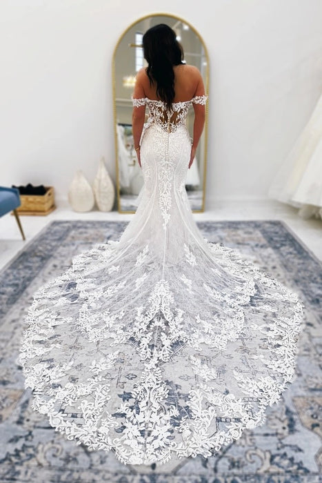 Off-the-Shoulder Tulle Lace Mermaid Wedding Dress with Appliques