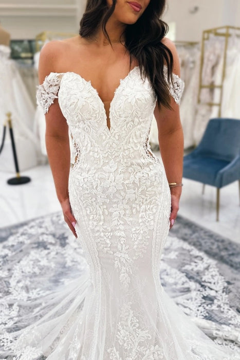 Off-the-Shoulder Tulle Lace Mermaid Wedding Dress with Appliques