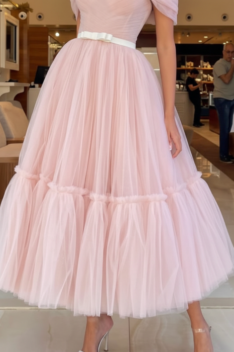 Blush Pink Off-The-Shoulder Tulle Prom Gown with Sweetheart Neckline and Belts