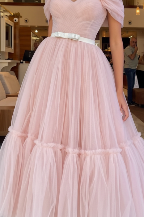 Blush Pink Off-The-Shoulder Tulle Prom Gown with Sweetheart Neckline and Belts