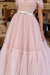 Blush Pink Off-The-Shoulder Tulle Prom Gown with Sweetheart Neckline and Belts