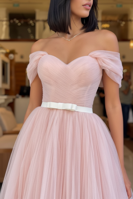Blush Pink Off-The-Shoulder Tulle Prom Gown with Sweetheart Neckline and Belts