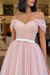 Blush Pink Off-The-Shoulder Tulle Prom Gown with Sweetheart Neckline and Belts