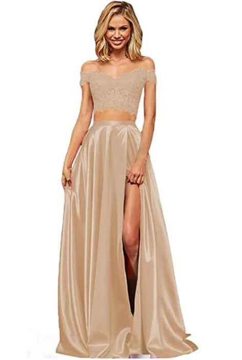 Off-the-Shoulder Two Pieces Prom Dress with Appliques and Slit