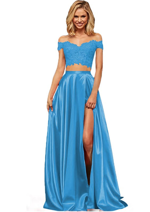 Off-the-Shoulder Two Pieces Prom Dress with Appliques and Slit