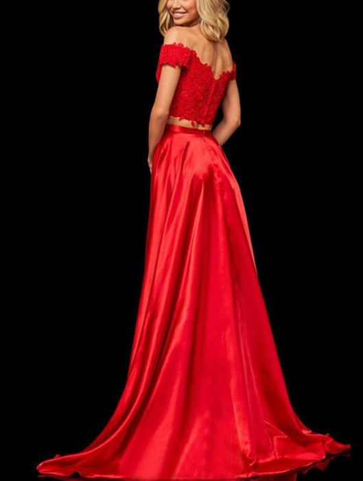 Off-the-Shoulder Two Pieces Prom Dress with Appliques and Slit