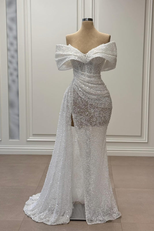 Chic Mermaid Off The Shoulder Sequin White Long Wedding Dresses With Slit main image 1