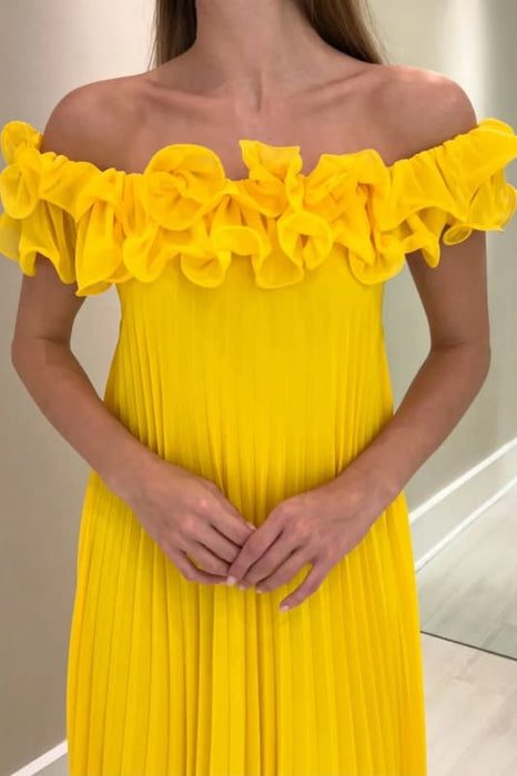 Off-the-Shoulder Yellow Ruffle Chiffon Mother of the Bride Dress - Prom Dresses