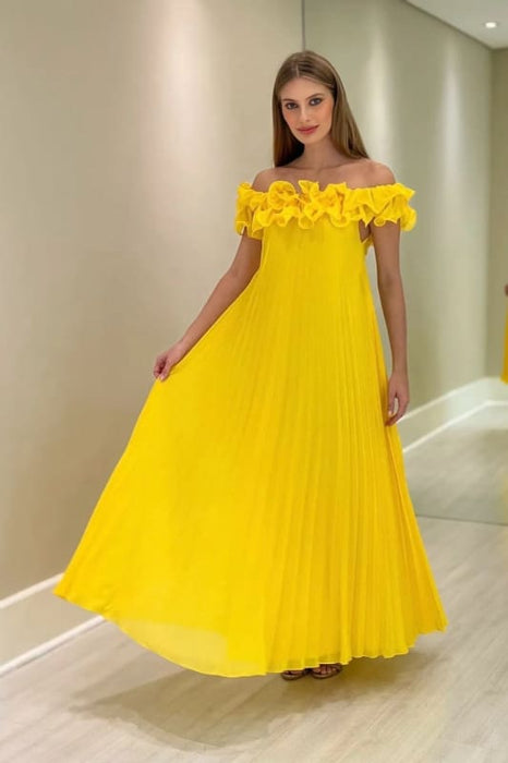 Off-the-Shoulder Yellow Ruffle Chiffon Mother of the Bride Dress - Prom Dresses