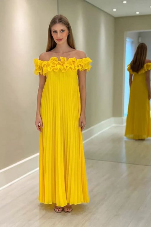Off-the-Shoulder Yellow Ruffle Chiffon Mother of the Bride Dress - Prom Dresses