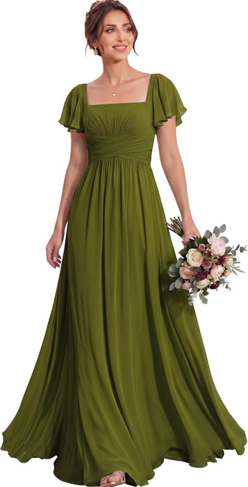 Bridelily Women's Flutter Sleeves Bridesmaid Dresses Square Neck Chiffon Maxi Dres - Olive