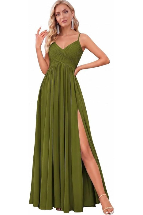 Spaghetti Strap V-Neck Chiffon Bridesmaid Dress with Slit