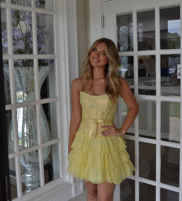 Daffodil Strapless Rhinestone Corset Tiered Tulle Mini Homecoming Dress with Bow