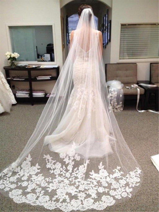 One-Layer Lace Appliques Long Wedding Veils | Bridelily - White (only can buy 1 per person) / One Size - wedding veils