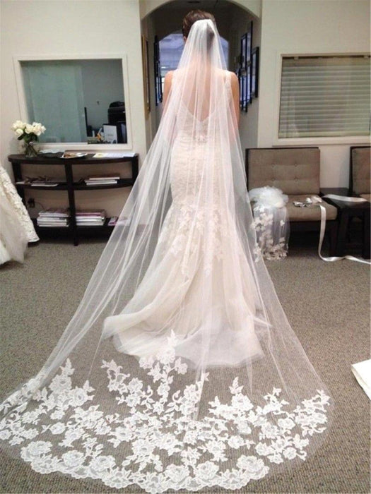 One-Layer Lace Appliques Long Wedding Veils | Bridelily - White (only can buy 1 per person) / One Size - wedding veils