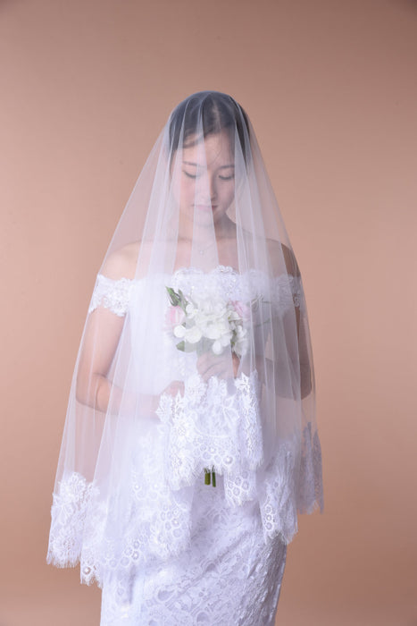 One Layer Wedding Veil with Lace Edge - Accessories