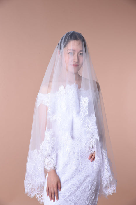 One Layer Wedding Veil with Lace Edge - Accessories