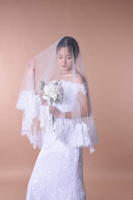 One Layer Wedding Veil with Lace Edge - Accessories