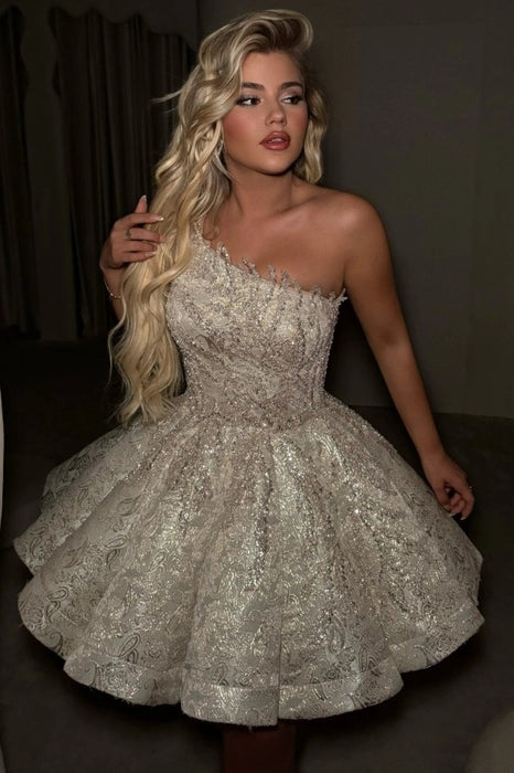 One Shoulder Sequins Gold Prom Dress Short Aline Homecoming Dress