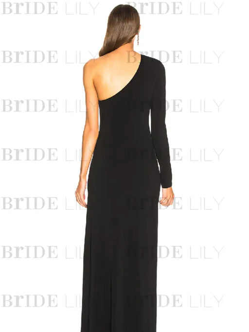 One Shoulder Black Velvet Long Prom Dresses with High Slit, Long Black Velvet Formal Evening Dresses