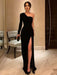 One Shoulder Black Velvet Long Prom Dresses with High Slit, Long Black Velvet Formal Evening Dresses