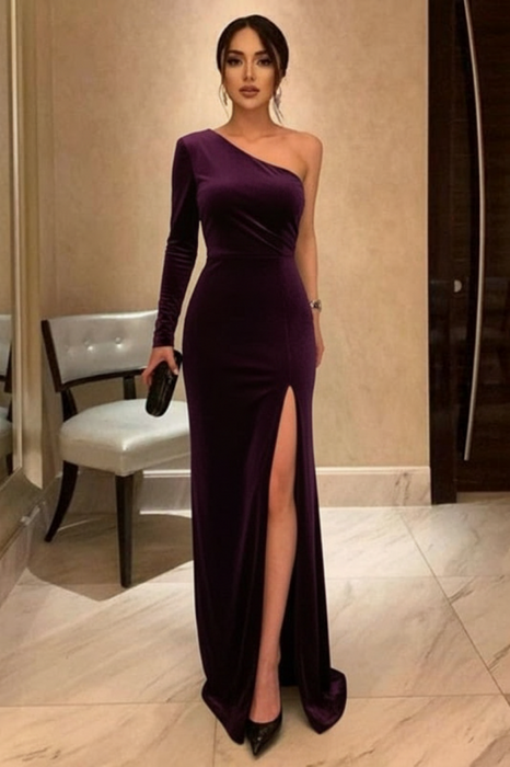 One Shoulder Grape Velvet Long Prom Dresses with High Slit