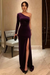 One Shoulder Grape Velvet Long Prom Dresses with High Slit