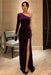 One Shoulder Grape Velvet Long Prom Dresses with High Slit