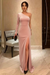 One-Shoulder Pearl Pink Velvet Long Prom Dresses with High Slit
