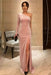 One-Shoulder Pearl Pink Velvet Long Prom Dresses with High Slit