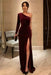 One Shoulder Burgundy Velvet Long Prom Dresses with High Slit
