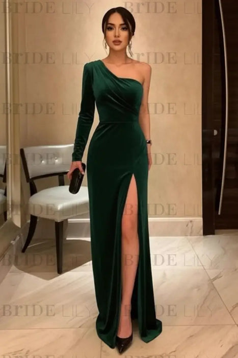 One Shoulder Black Long Prom with High Slit On Sale-Bridelily One Shoulder Black Long Prom with High Slit On Sale-Bridelily