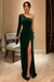 One Shoulder Emerald green Velvet Long Prom Dresses with High Slit