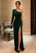 One Shoulder Emerald green Velvet Long Prom Dresses with High Slit