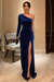 One Shoulder Royal Blue Velvet Long Prom Dresses with High Slit