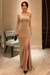 One Shoulder Champagne Velvet Long Prom Dresses with High Slit