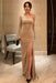 One Shoulder Champagne Velvet Long Prom Dresses with High Slit