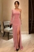One Shoulder Candy Pink Velvet Long Prom Dresses with High Slit