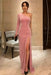 One Shoulder Candy Pink Velvet Long Prom Dresses with High Slit