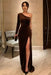 One Shoulder Brown Velvet Long Prom Dresses with High Slit