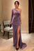 One Shoulder Lilac Velvet Long Prom Dresses with High Slit