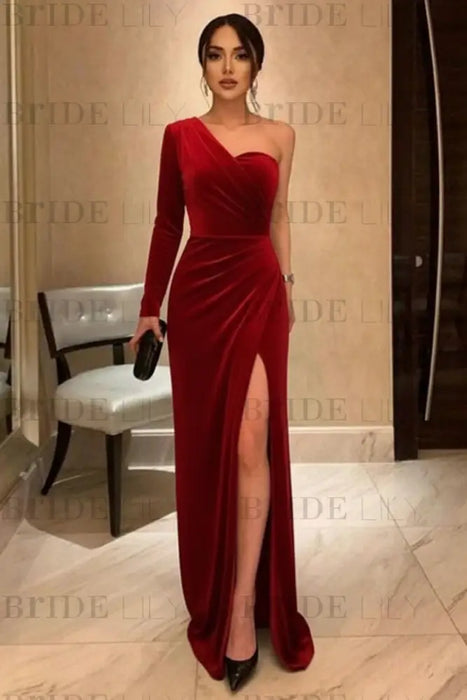 One Shoulder Black Long Prom with High Slit On Sale-Bridelily One Shoulder Black Long Prom with High Slit On Sale-Bridelily