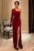 One Shoulder Red Velvet Long Prom Dresses with High Slit