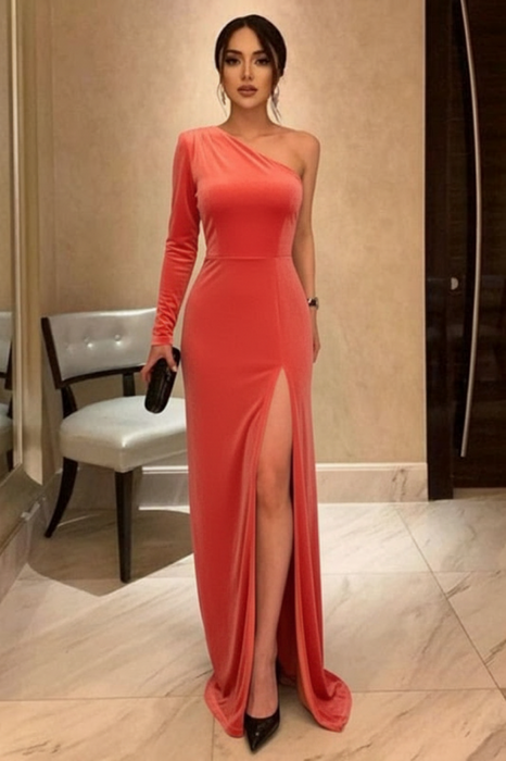 One Shoulder Coral Velvet Long Prom Dresses with High Slit