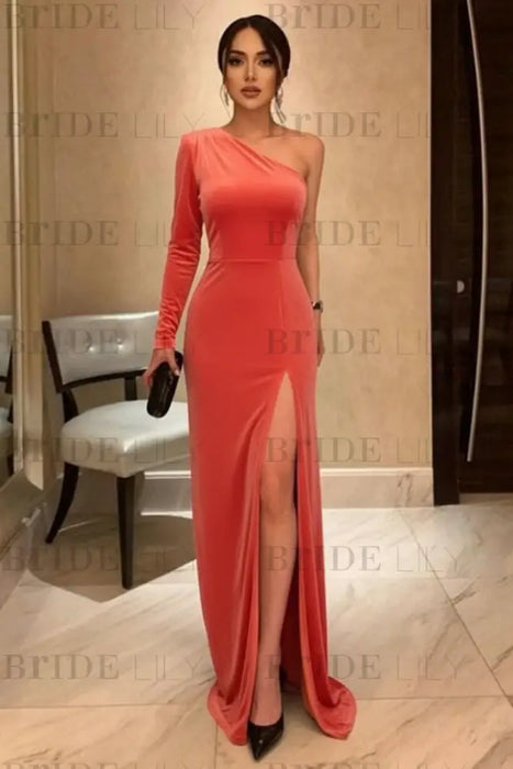 One Shoulder Coral Velvet Long Prom Dresses with High Slit