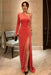 One Shoulder Coral Velvet Long Prom Dresses with High Slit
