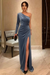 One Shoulder Dusty Blue Velvet Long Prom Dresses with High Slit