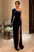 One Shoulder Navy Blue Velvet Long Prom Dresses with High Slit