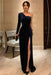 One Shoulder Navy Blue Velvet Long Prom Dresses with High Slit